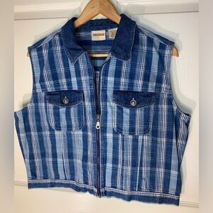 Crossroads Women's Denim Vest, Plaid, Size Large, 90s Vintage Jean Vest Y2K
